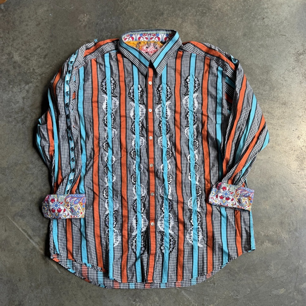 Robert Graham Embroidered Abstract AOP Button Up Flip Cuff Shirt Designer Sz 3XL